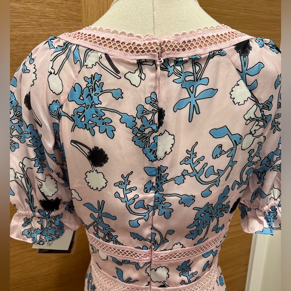 Self-Portrait Pink Floral Midi Dress with Blue Floral Print and Black Accents - Picture 8 of 8